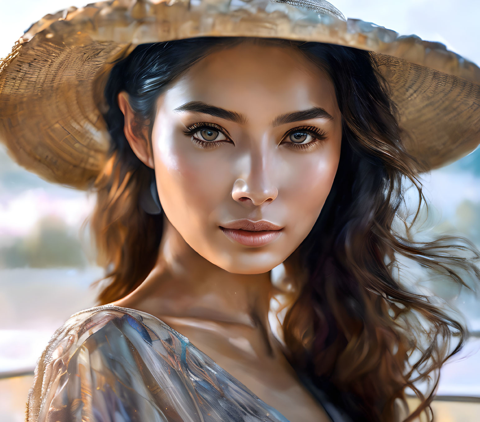 Striking-eyed woman in straw hat with cascading hair portrait.