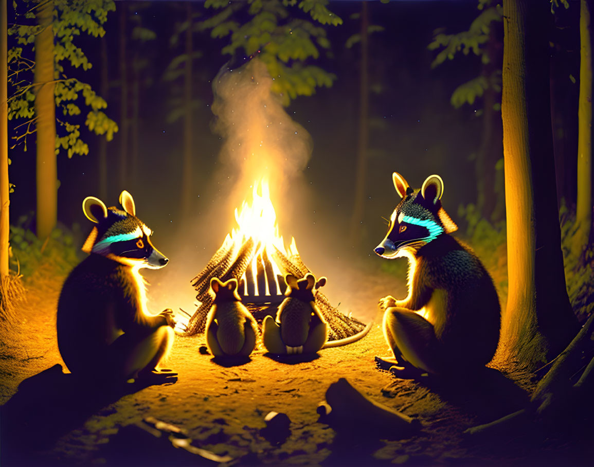 Three raccoons around campfire in forest at night with marshmallow stick