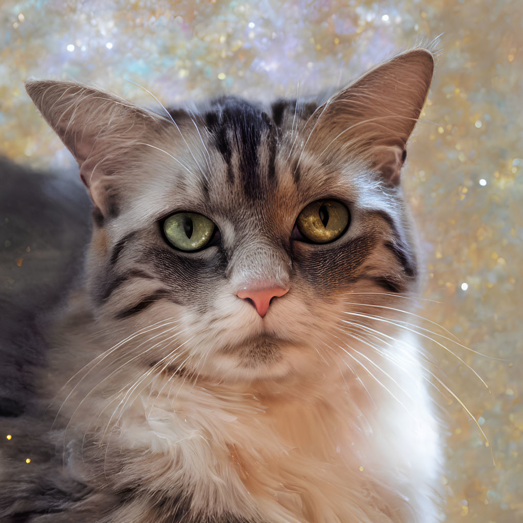 Fluffy tabby cat with green eyes and pink nose on starry background