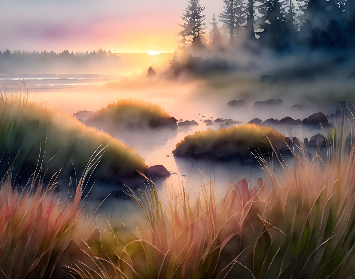 Tranquil sunrise landscape with misty river and vibrant grasses