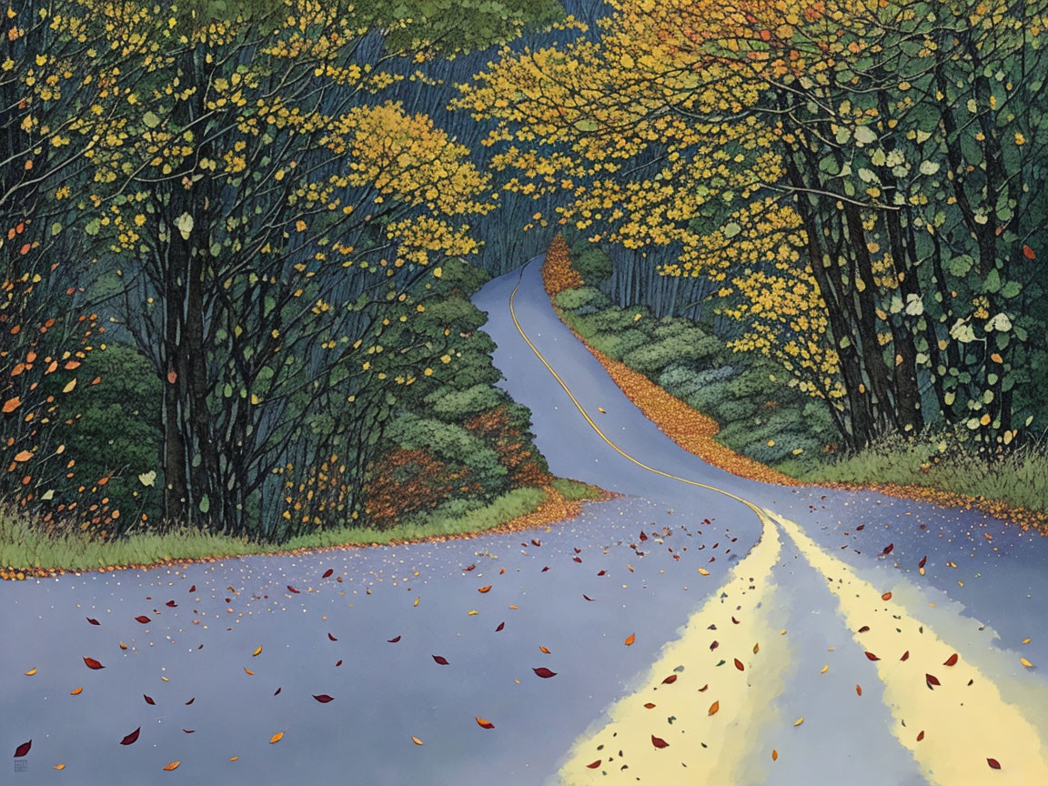 Scenic autumn forest road with yellow and orange leaves