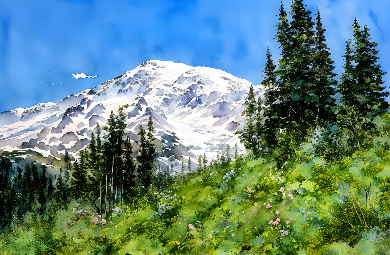 Colorful Watercolor Landscape: Snow-Capped Mountain, Coniferous Trees, Wildflowers, Blue