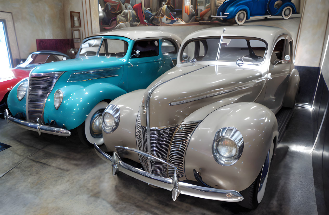 Classic Vintage Cars Displayed: Teal and Cream Models with Rounded Bodies & Chrome Details