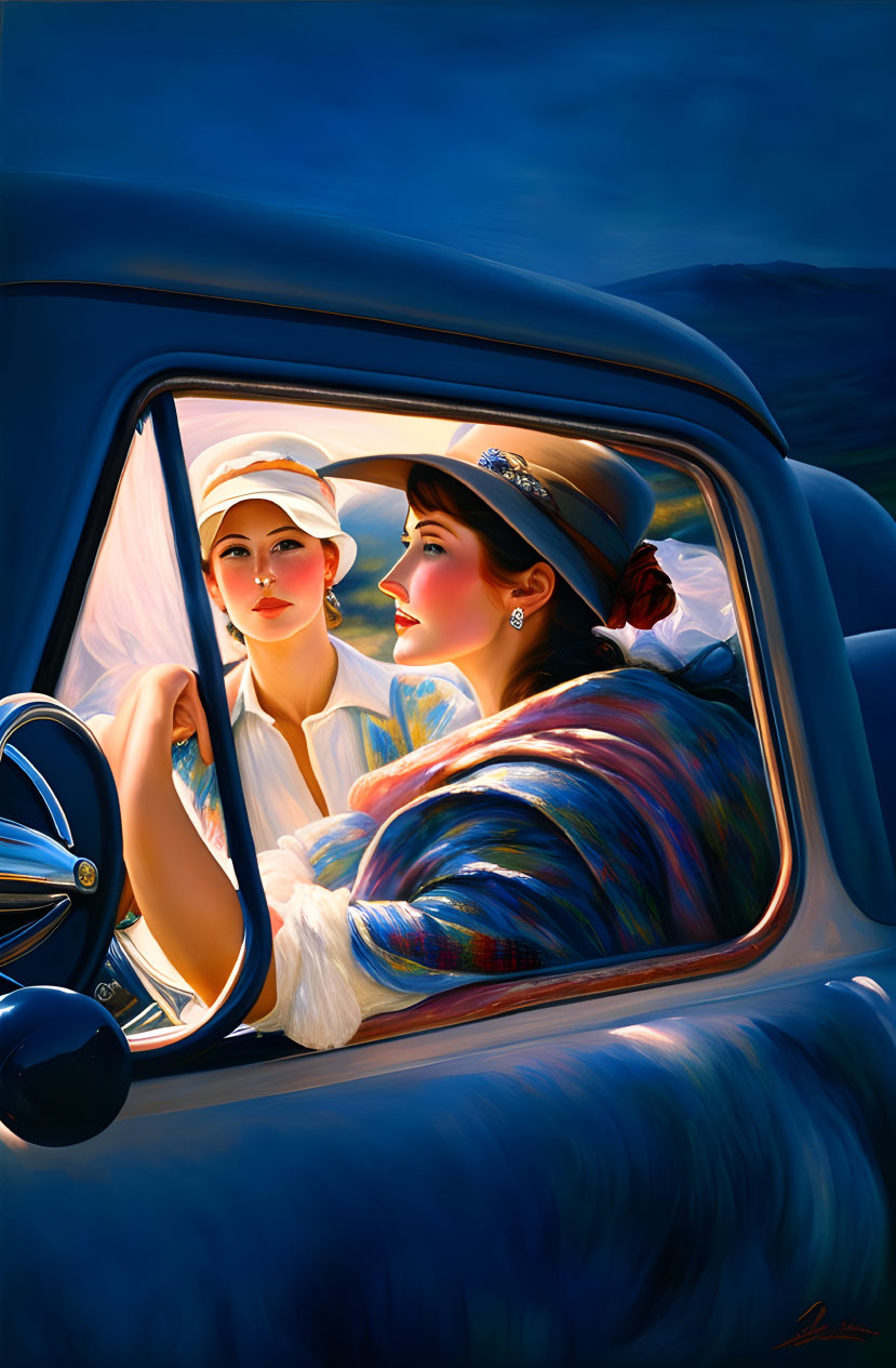 Vintage car window view of elegantly dressed women in hats and scarves