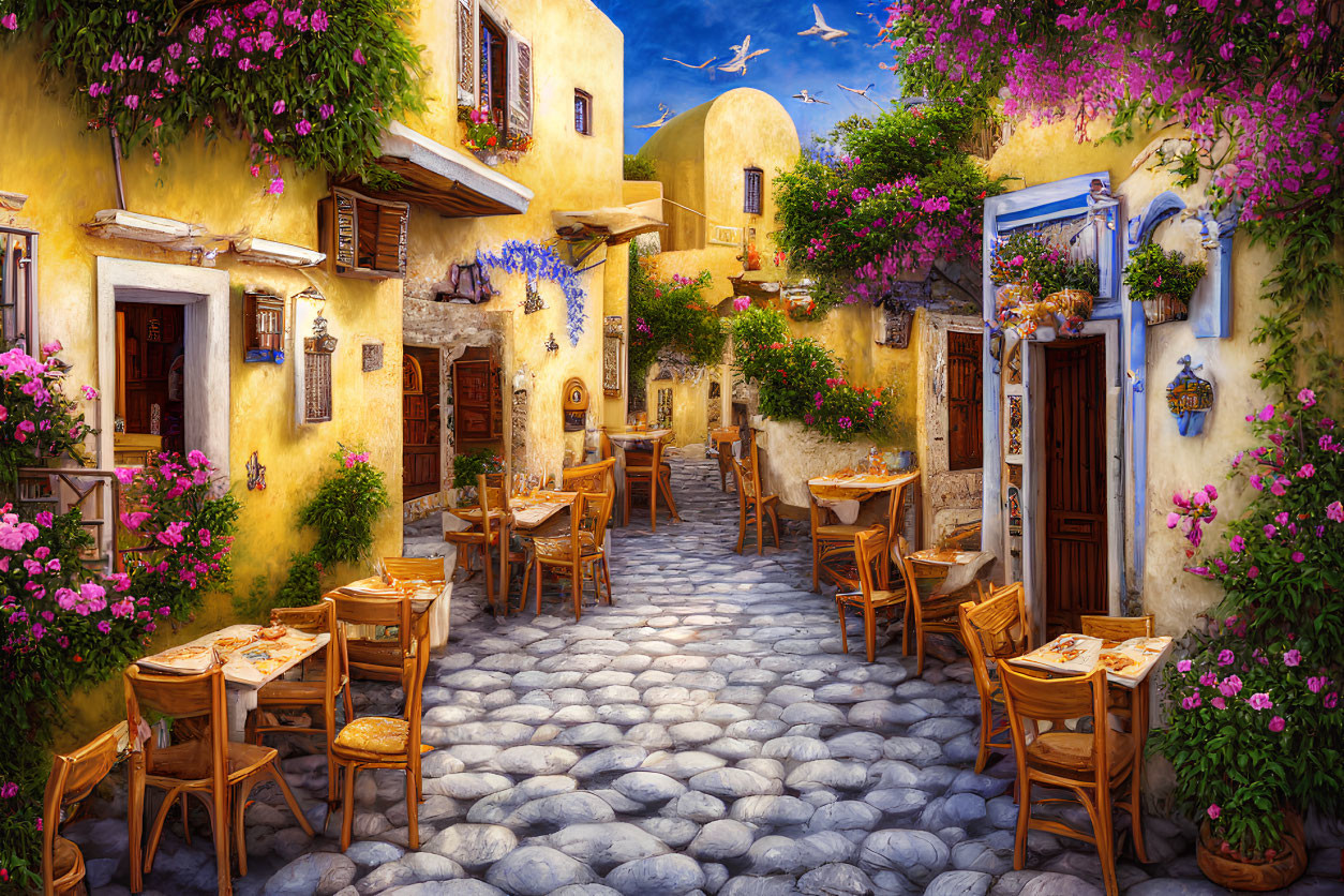 Picturesque cobblestone street with al fresco dining tables and vibrant flowers