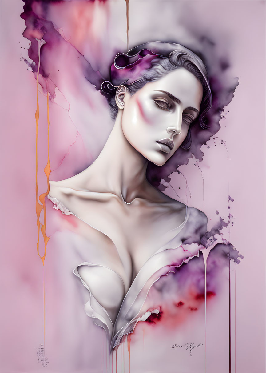 Vibrant woman illustration with stylized features in purple and pink watercolor.