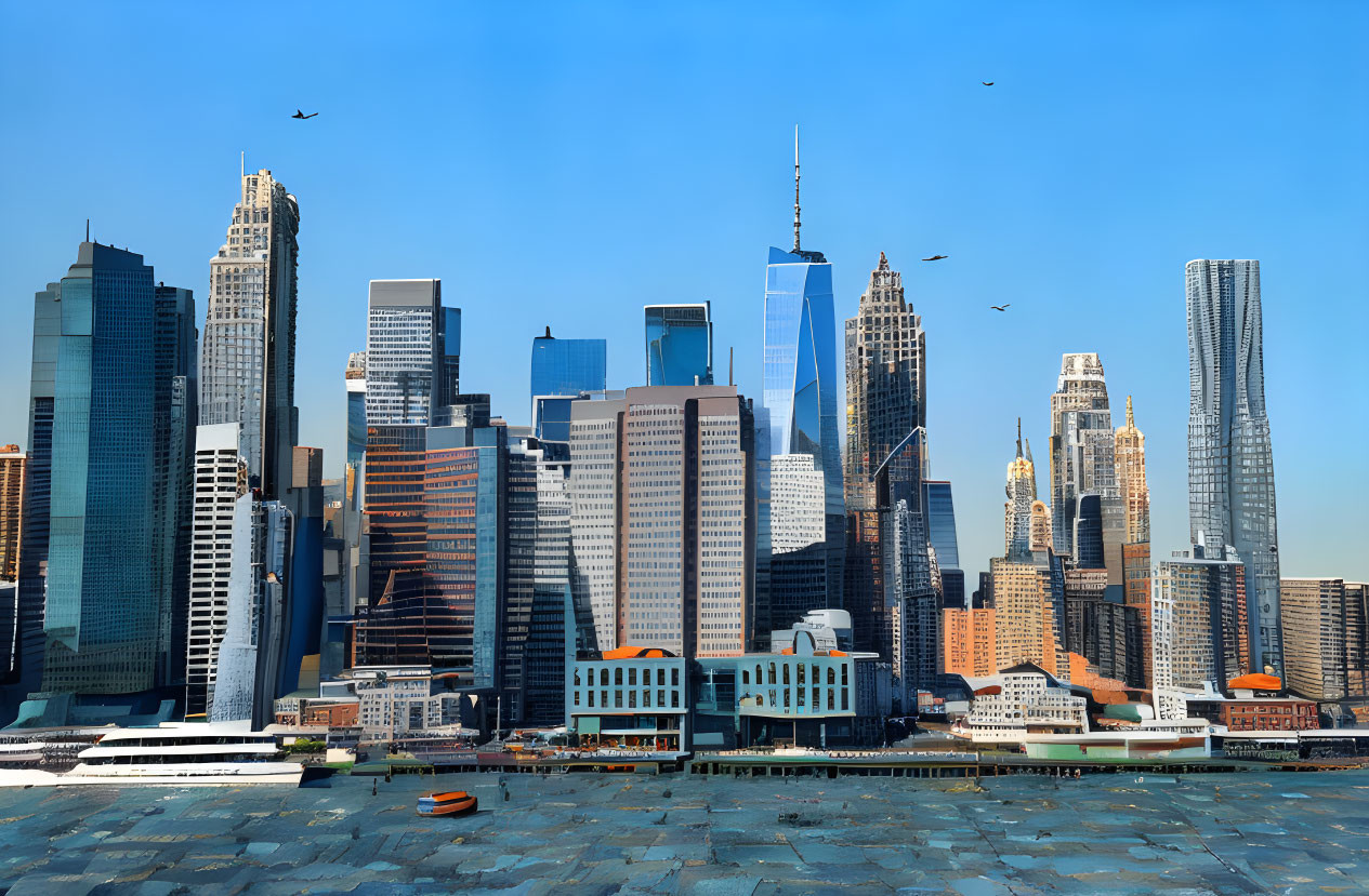 City skyline with skyscrapers, ferry on water, and birds in sky