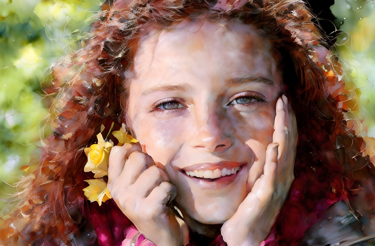 Young girl with curly hair holding a yellow flower in soft-focus background