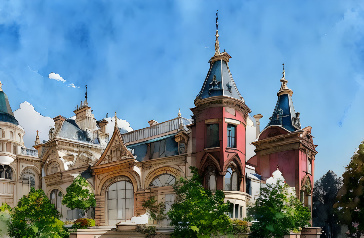 European-style Buildings with Red Roofs and Turrets Against Blue Sky