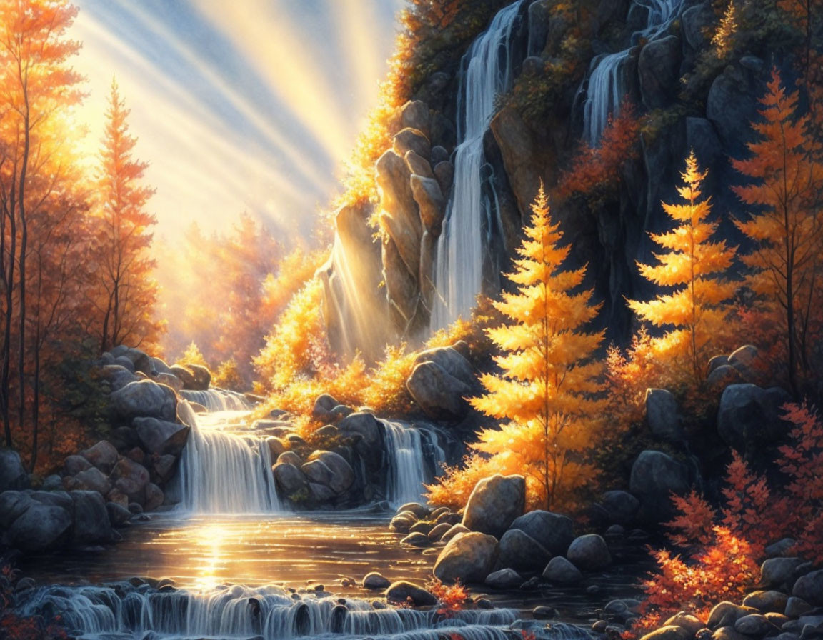 Autumnal trees with sunrays beside a cascading waterfall in serene landscape