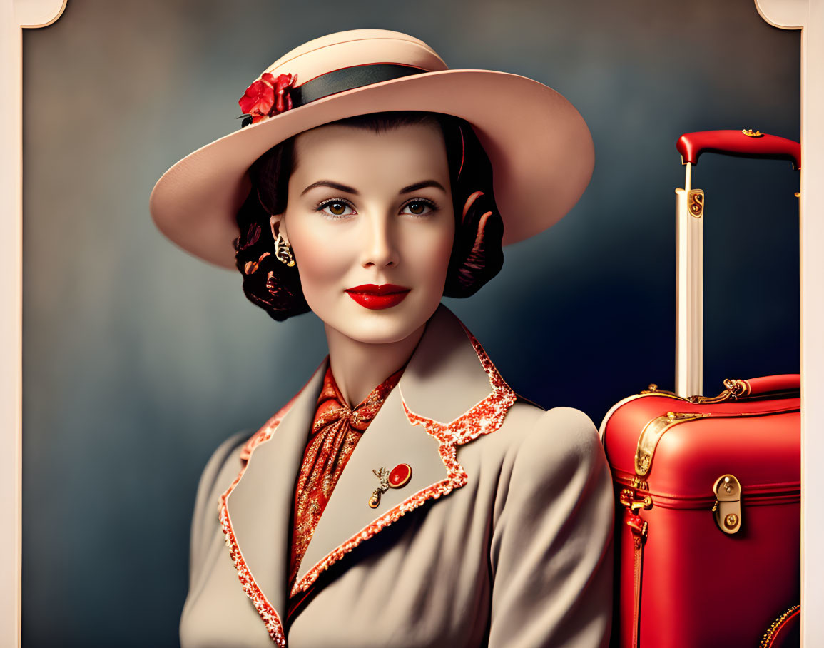 Vintage Woman with Wide-Brimmed Hat and Red Lipstick Beside Red Suitcase