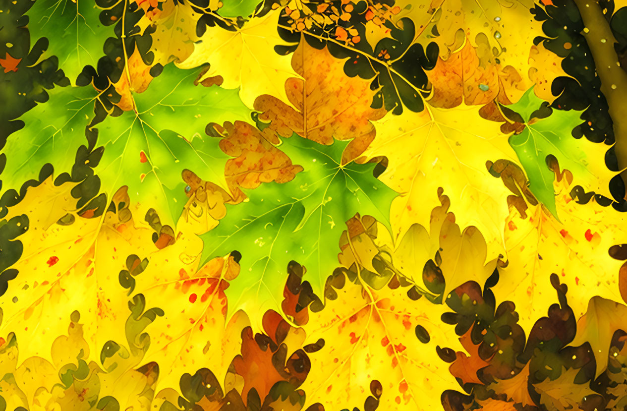 Detailed Close-Up of Autumn Maple Leaves in Vibrant Yellow and Green