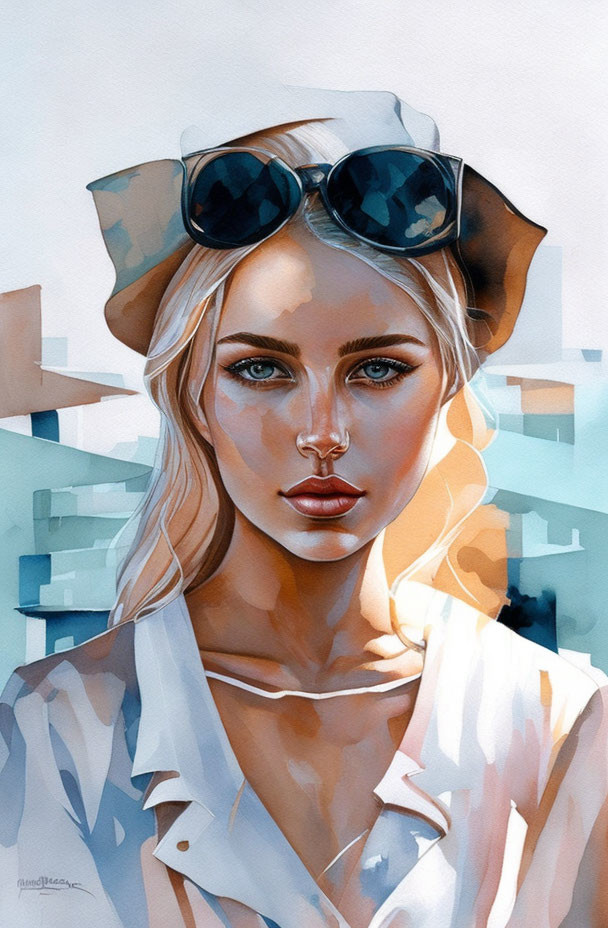 Stylized portrait of a woman with blue eyes and sunglasses, in cool and warm tones.