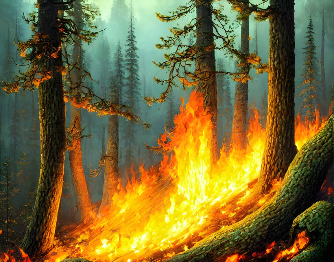 Forest fire with flames engulfing trees in a hazy atmosphere