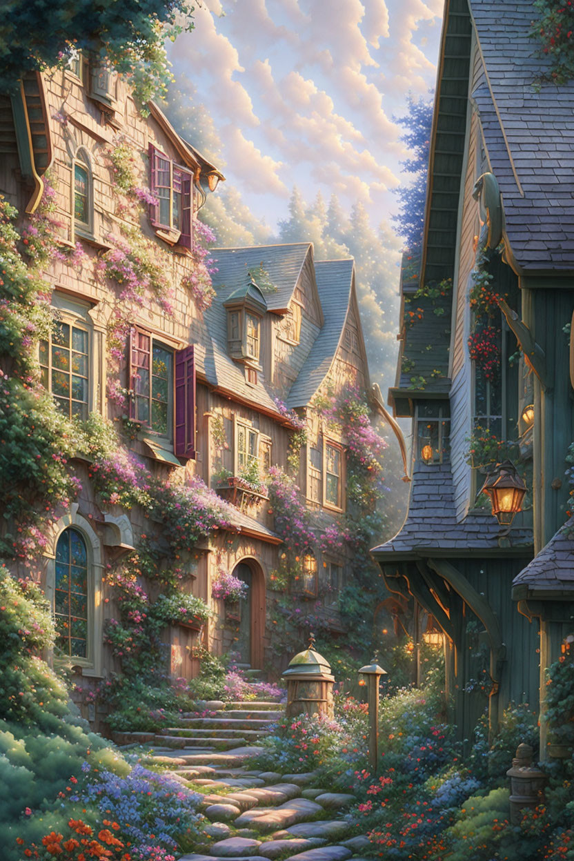 European-style village street with cobblestone path, charming houses, vibrant flowers, and magical ambiance.