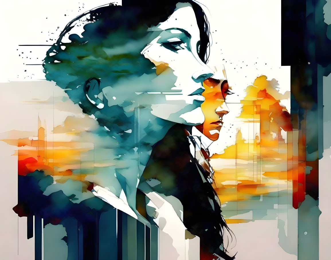 Vibrant watercolor-style artwork with man and woman silhouettes and abstract shapes