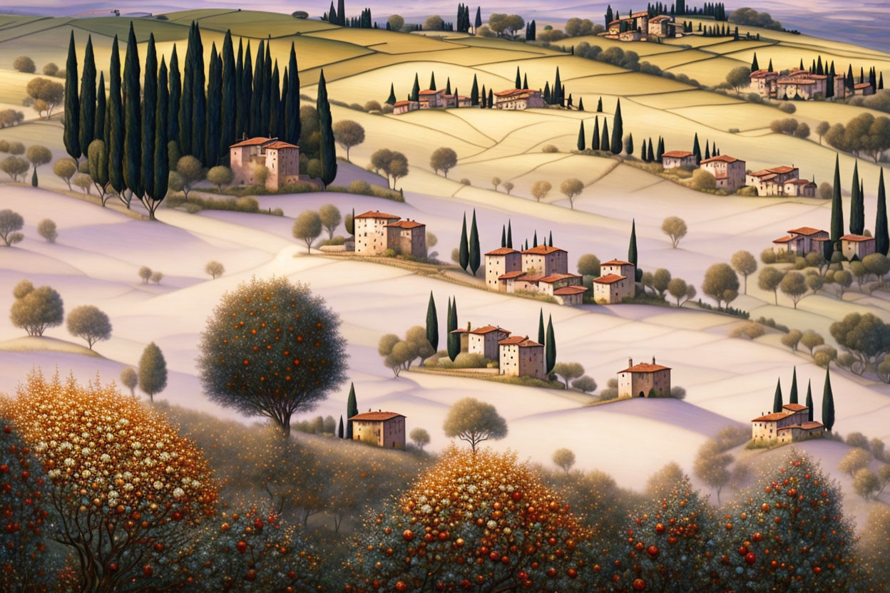 Rolling hills with quaint houses, cypress trees, and blooming trees under warm light