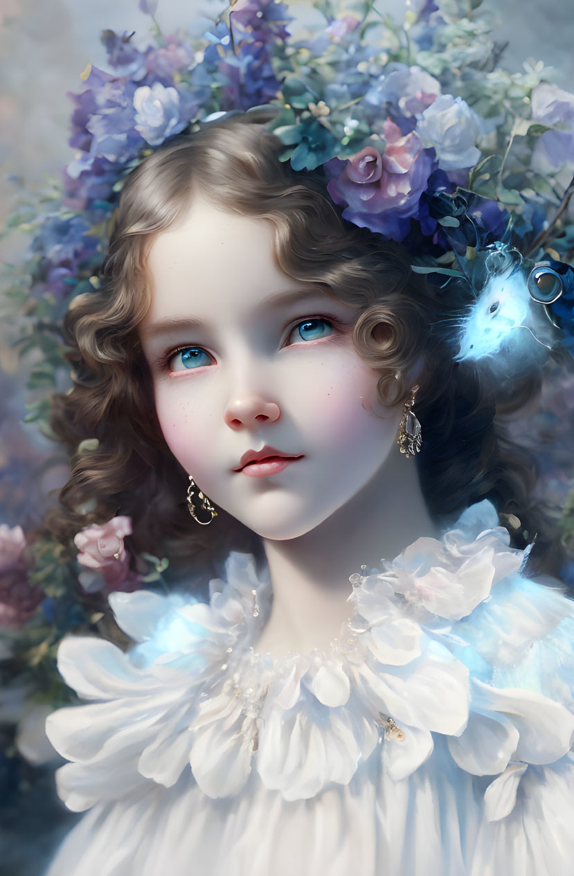 Digital artwork: Young girl with curly brown hair, purple flower crown, blue eyes, rosy cheeks