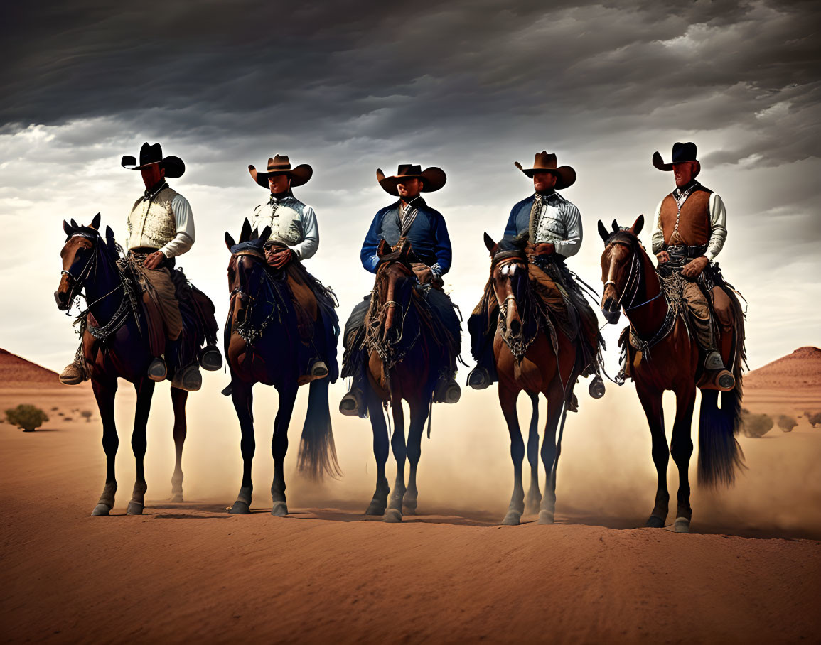 Five cowboys on horseback in desert under cloudy sky