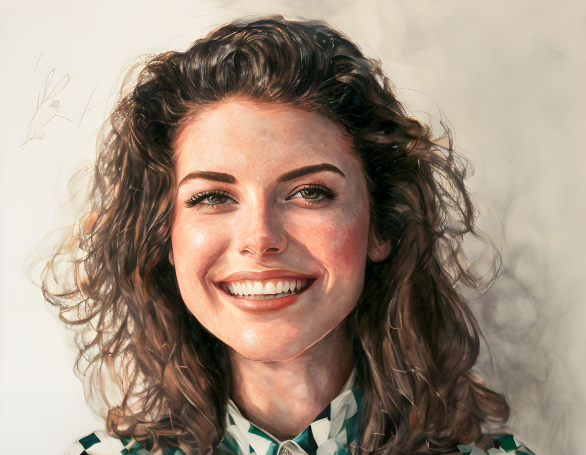 Smiling woman with voluminous curly hair and green patterned clothing