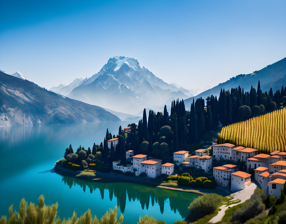 Tranquil lakeside scene with white buildings, green trees, and snow-capped mountain