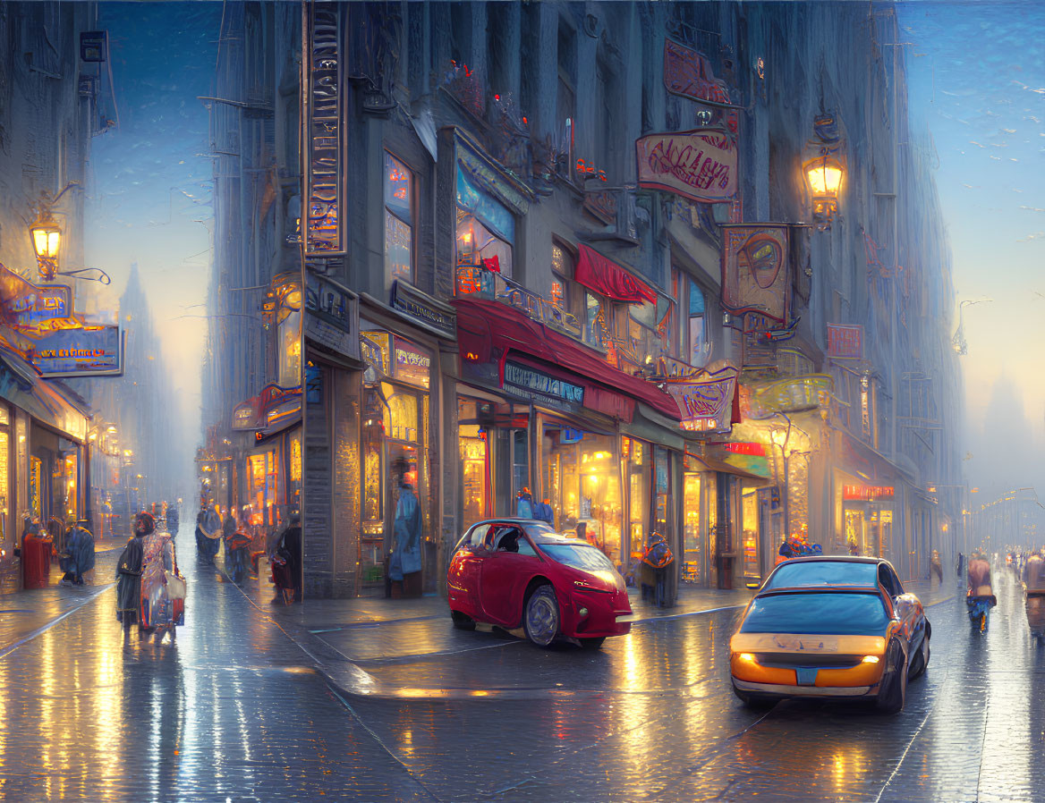 City street scene at dusk with shop signs, parked car, taxi, and pedestrians in light rain