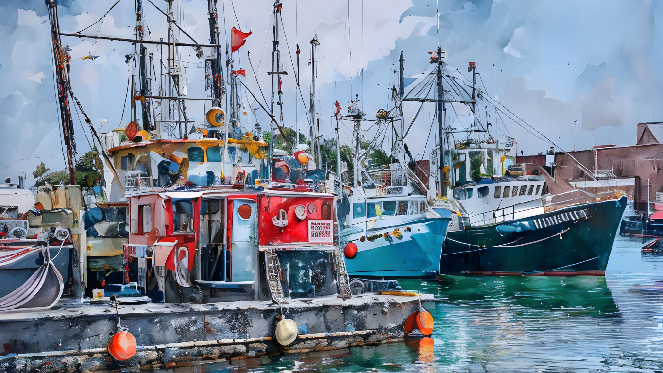 Vibrant fishing boats in calm harbor under cloudy sky