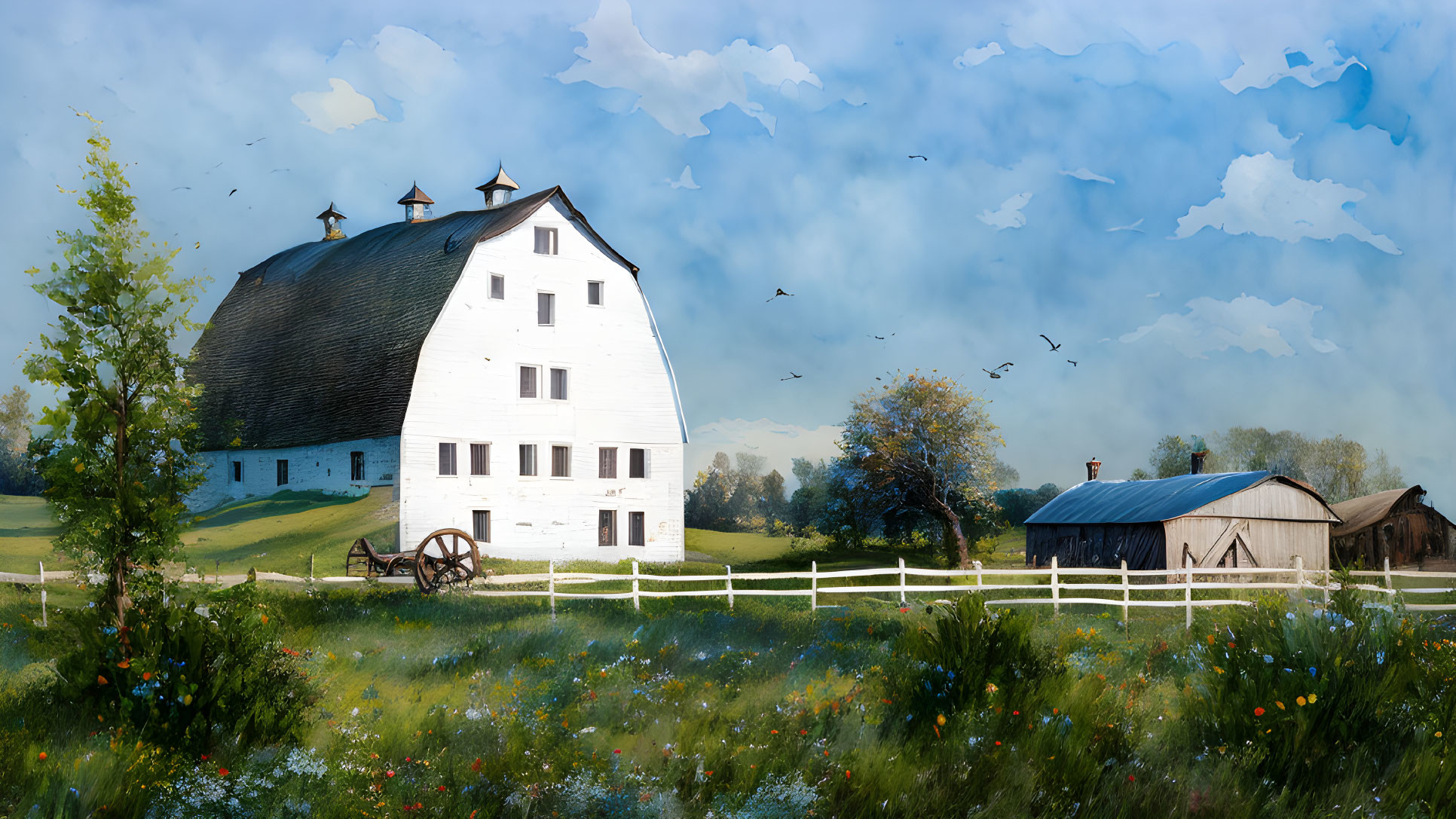 Rural landscape with white barn, wooden fence, wildflowers, vintage wheel, and birds