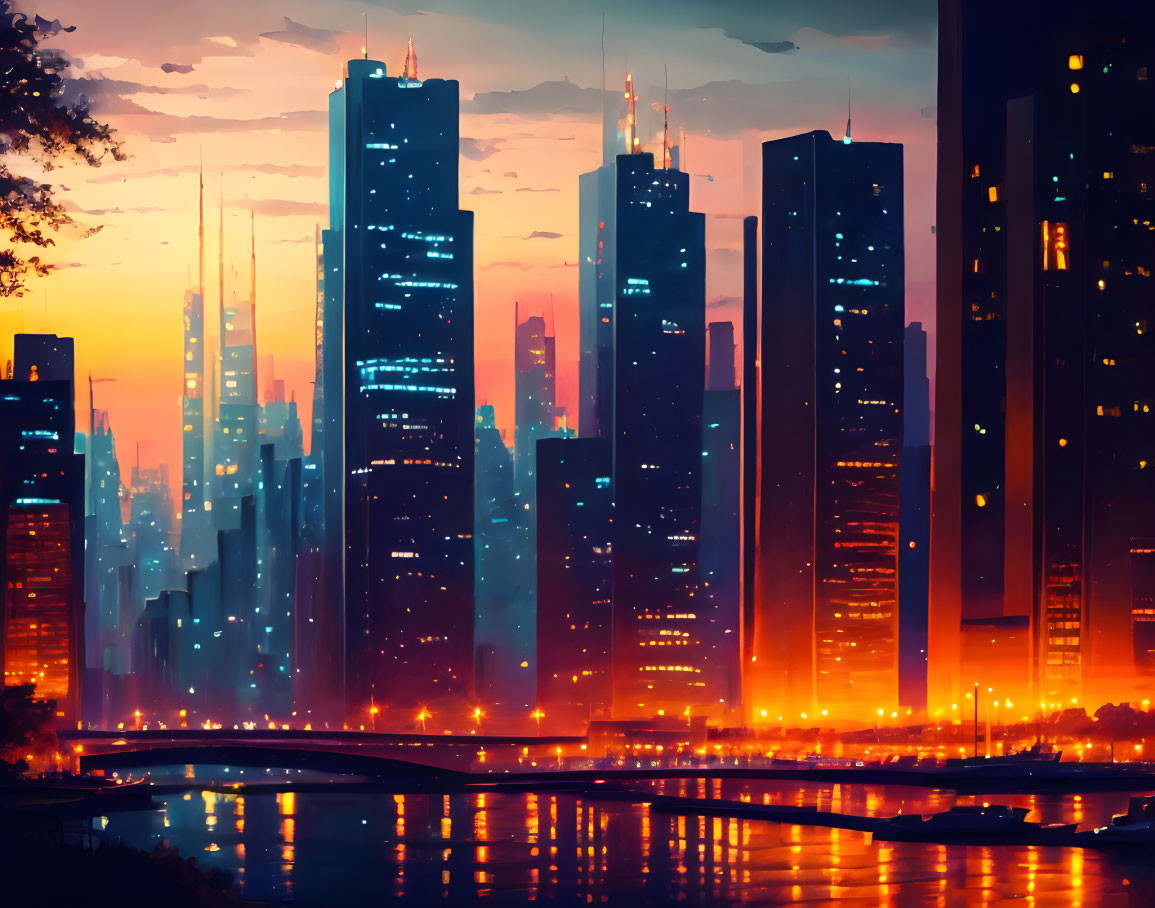 Futuristic city skyline digital artwork with illuminated skyscrapers at dusk