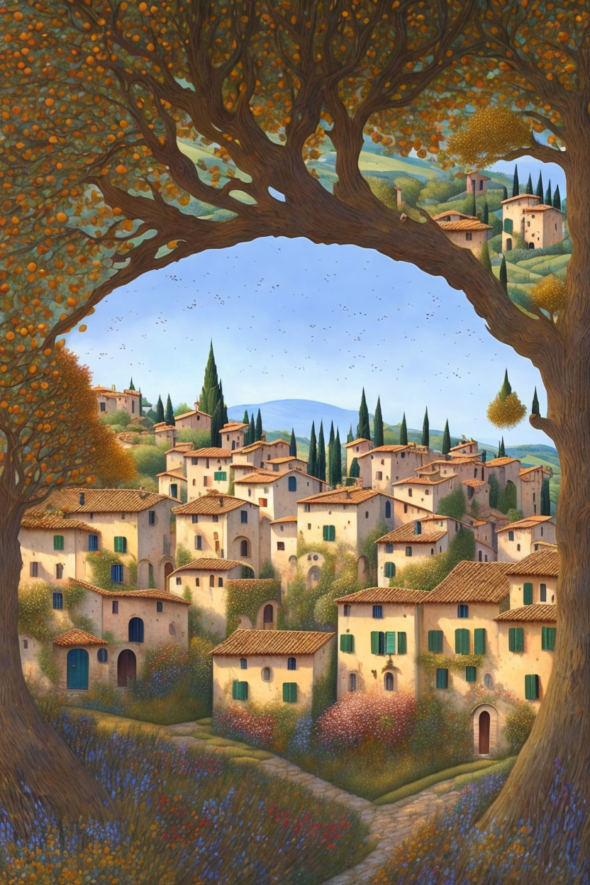 Colorful whimsical village painting with heart-shaped tree canopy