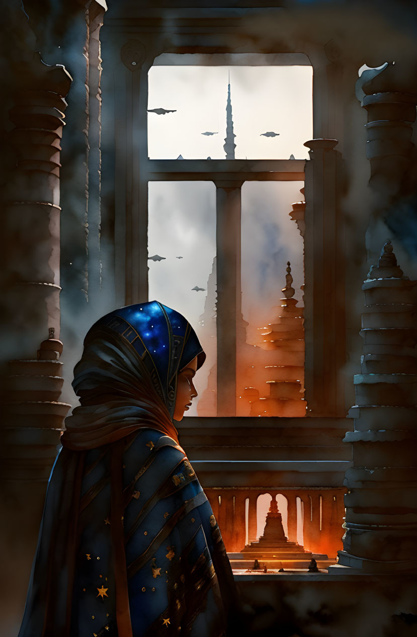 Person in Star-Patterned Cloak Looking Out of Window at Dusky Sky