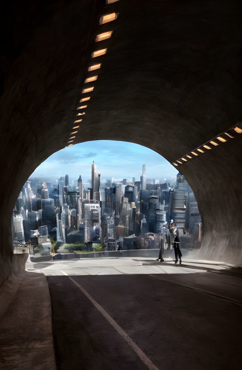 Futuristic cityscape with skyscrapers viewed from tunnel exit