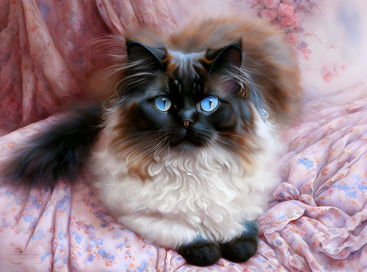 Fluffy long-haired cat with blue eyes on pink floral fabric