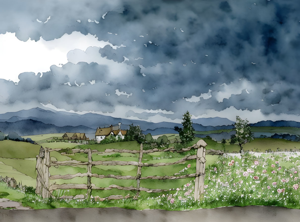 Countryside watercolor painting with stormy skies, wooden fence, flowers, houses, and mountains