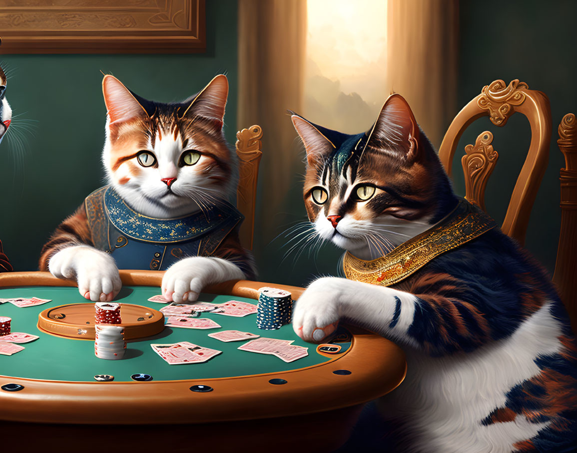 Anthropomorphic cats in regal attire playing poker with chips and cards