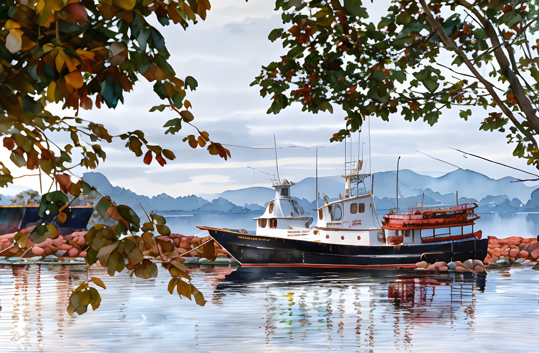 Boat near shore framed by autumn trees, mountains, and cloudy sky