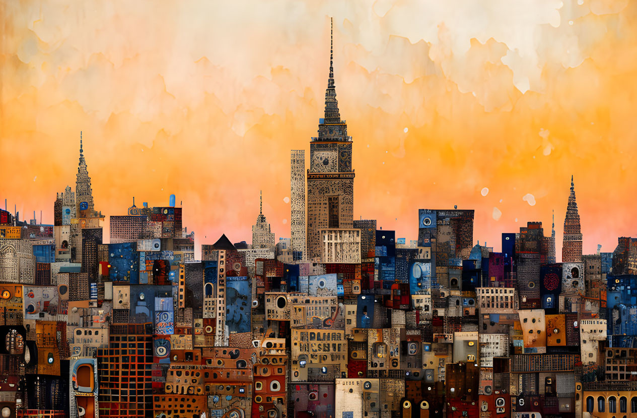 Cityscape Collage with Various Buildings and Tower Against Fiery Sky