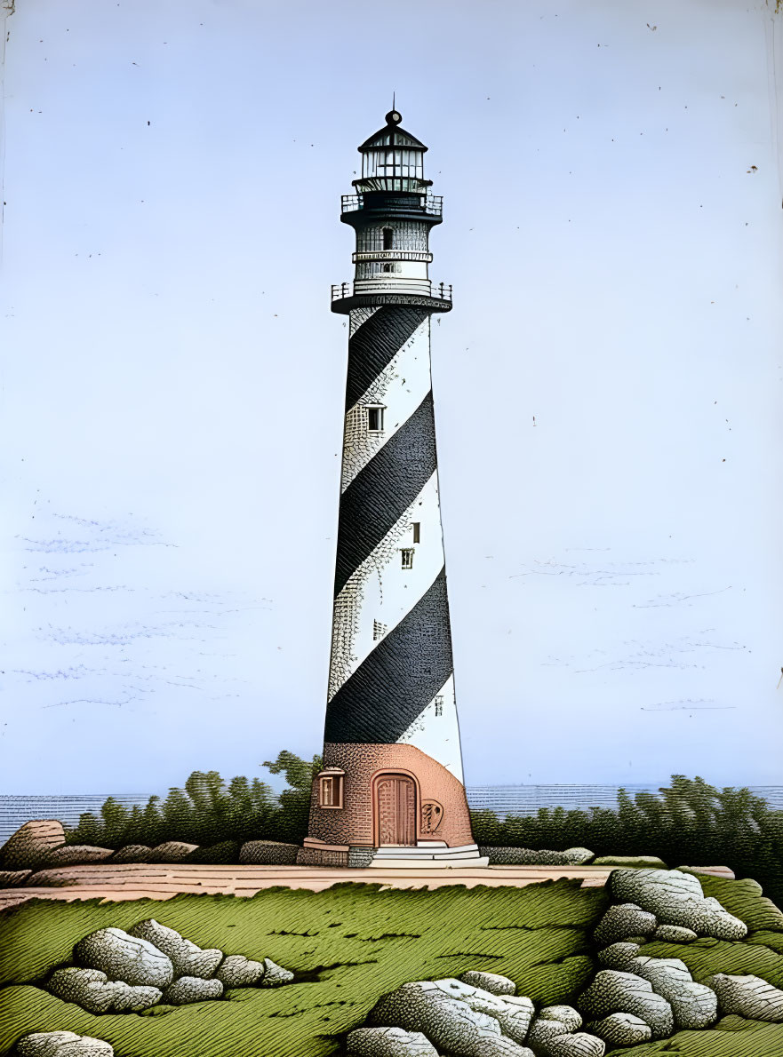 Vintage illustration: Tall lighthouse with black and white spiral, rocks, grass, blue sky