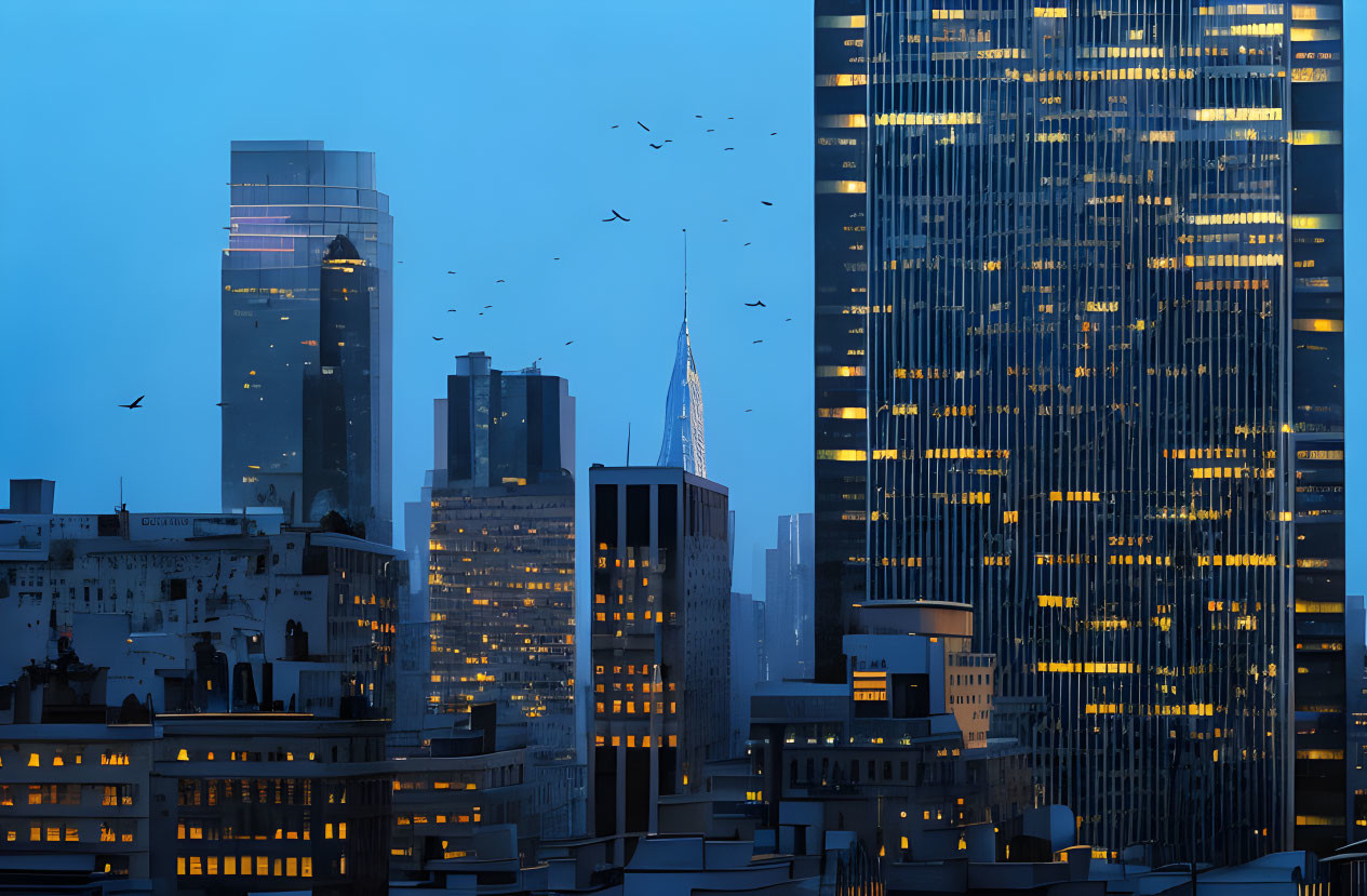 Cityscape with illuminated skyscrapers and flying birds at dusk