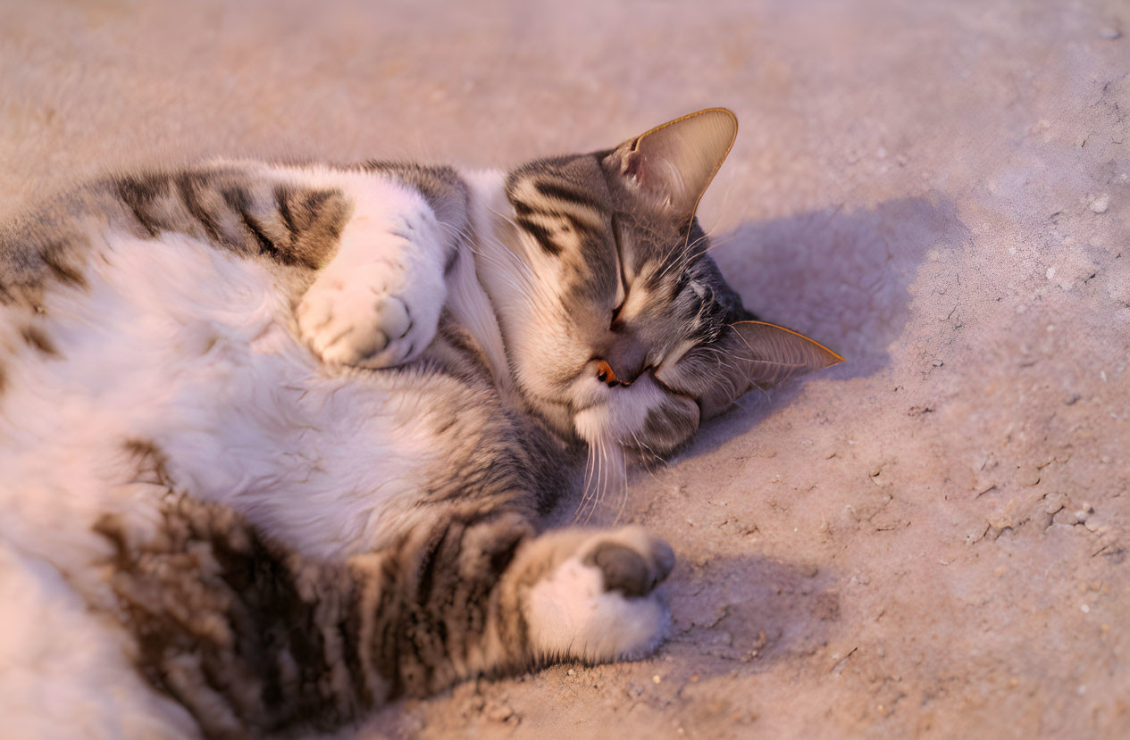 Striped Cat with White Belly Lying Playfully