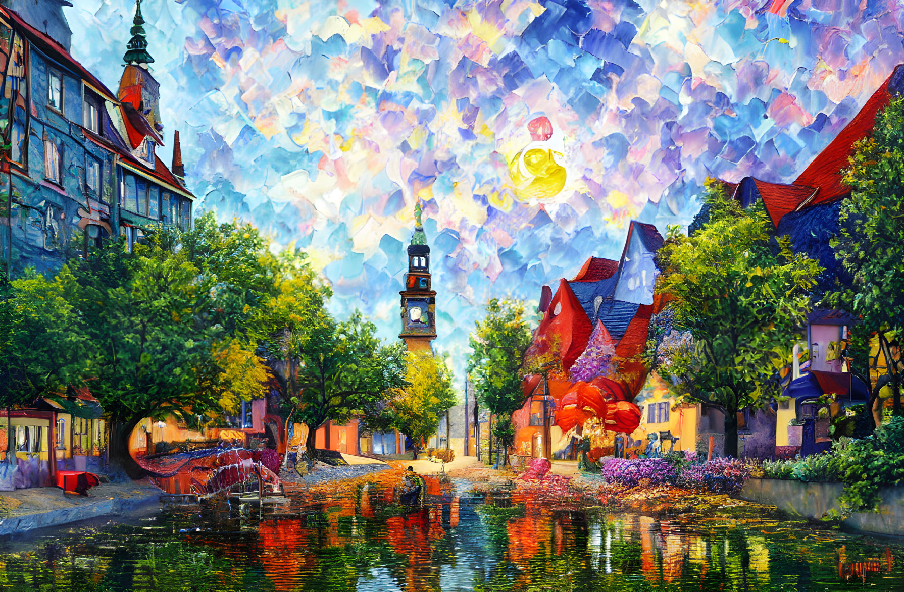 Colorful painting of European village with canal, bridge, and whimsical sky