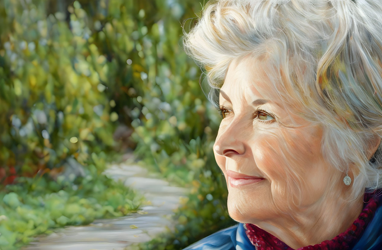 Elderly woman with gentle smile in nature scene.