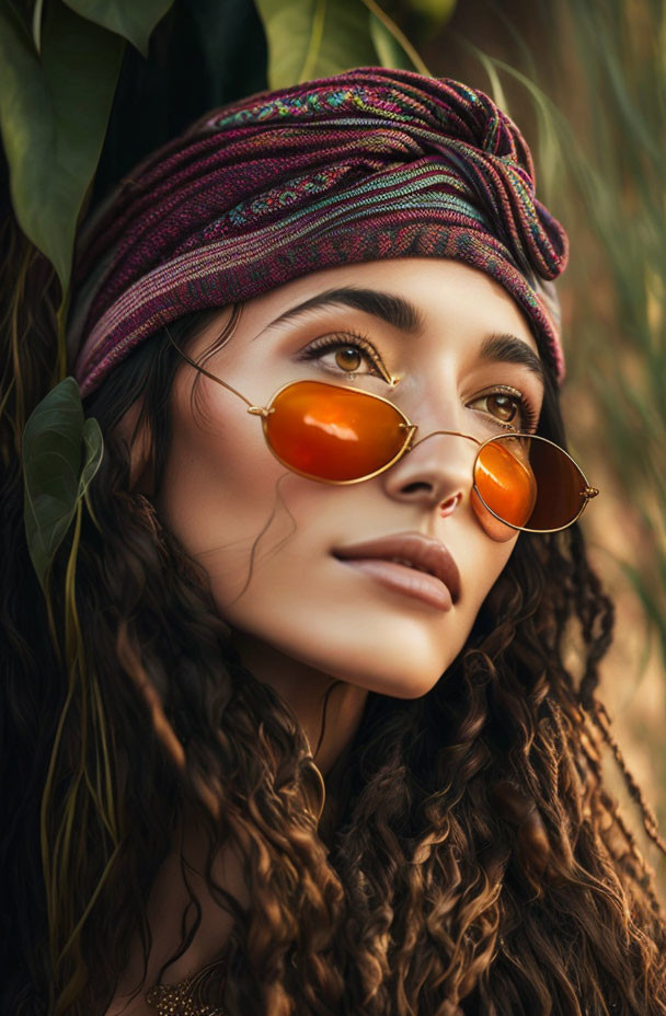 Curly-haired woman in headband and orange sunglasses among green foliage