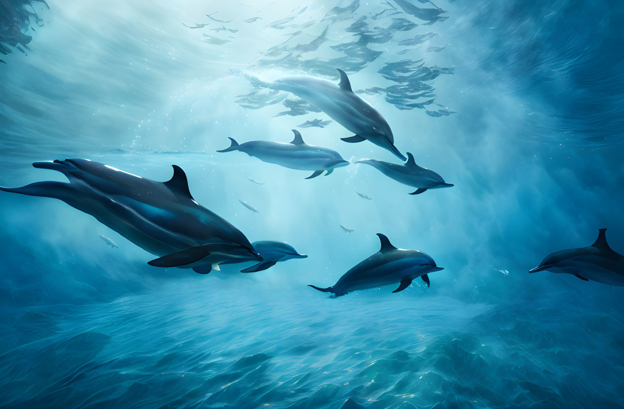 Underwater Dolphins Swimming with Sunbeams