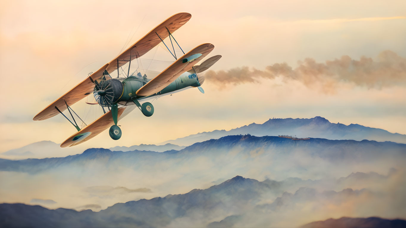 Vintage Biplane Soaring Over Mountainous Sunset Landscape