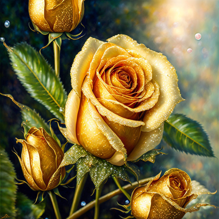 Close-up of Dew-Covered Golden Rose with Buds on Green Background