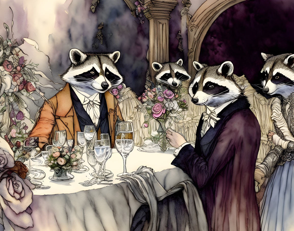 Victorian-style dinner party with elegantly dressed raccoons