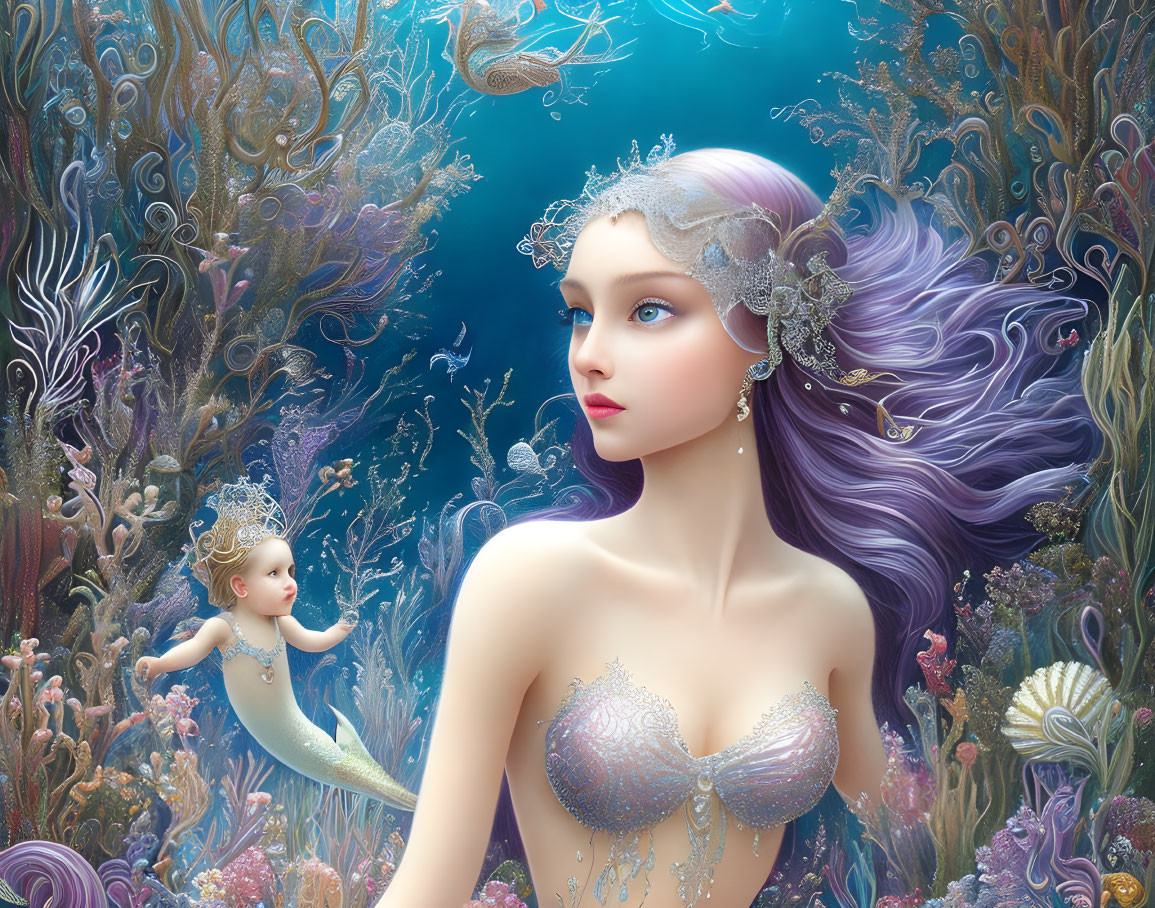 Ethereal underwater scene with purple-haired mermaid and vibrant coral