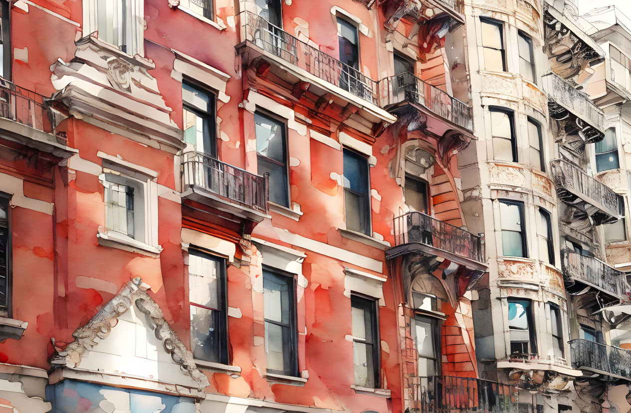 Sunlit vibrant red European-style building with white trim and balconies