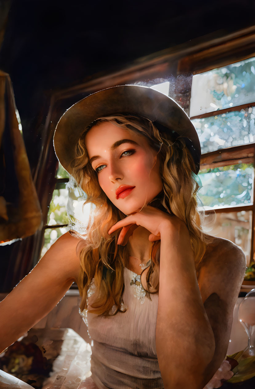 Woman with Wavy Hair in Hat Poses by Sunlit Window